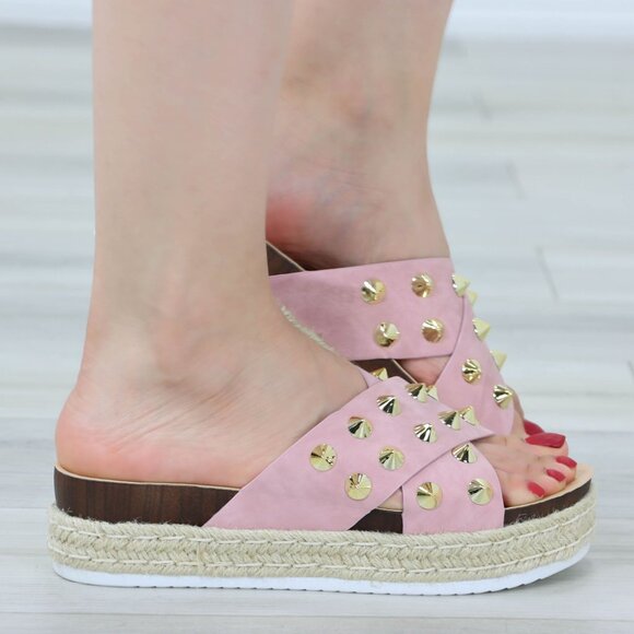 Pink Platform Sandals Nubuck Espadrille Heel Gold Metal Stud Slip On Sliders - Picture 8 of 12